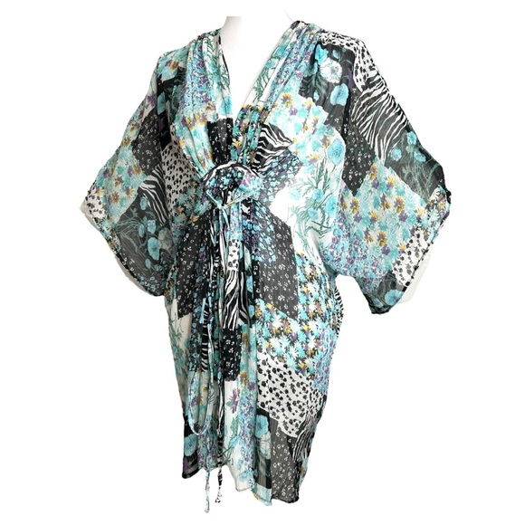 Vintage Y2K Bebe Dress Calcutta SHEER Blue Black Patchwork Floral Fairy Kaftan - Picture 6 of 10